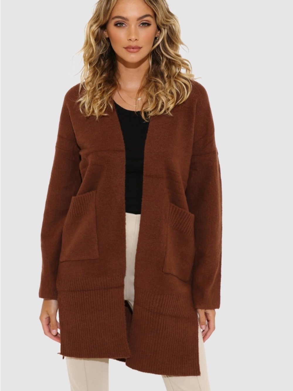 Madison Open-Front Long Cardigan Sweater in Brown